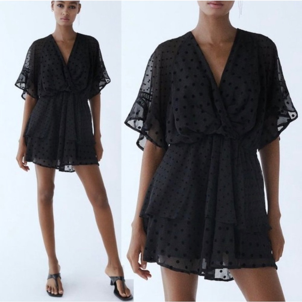 ZARA Black Polka Dot Deep V Neck Mini Dress